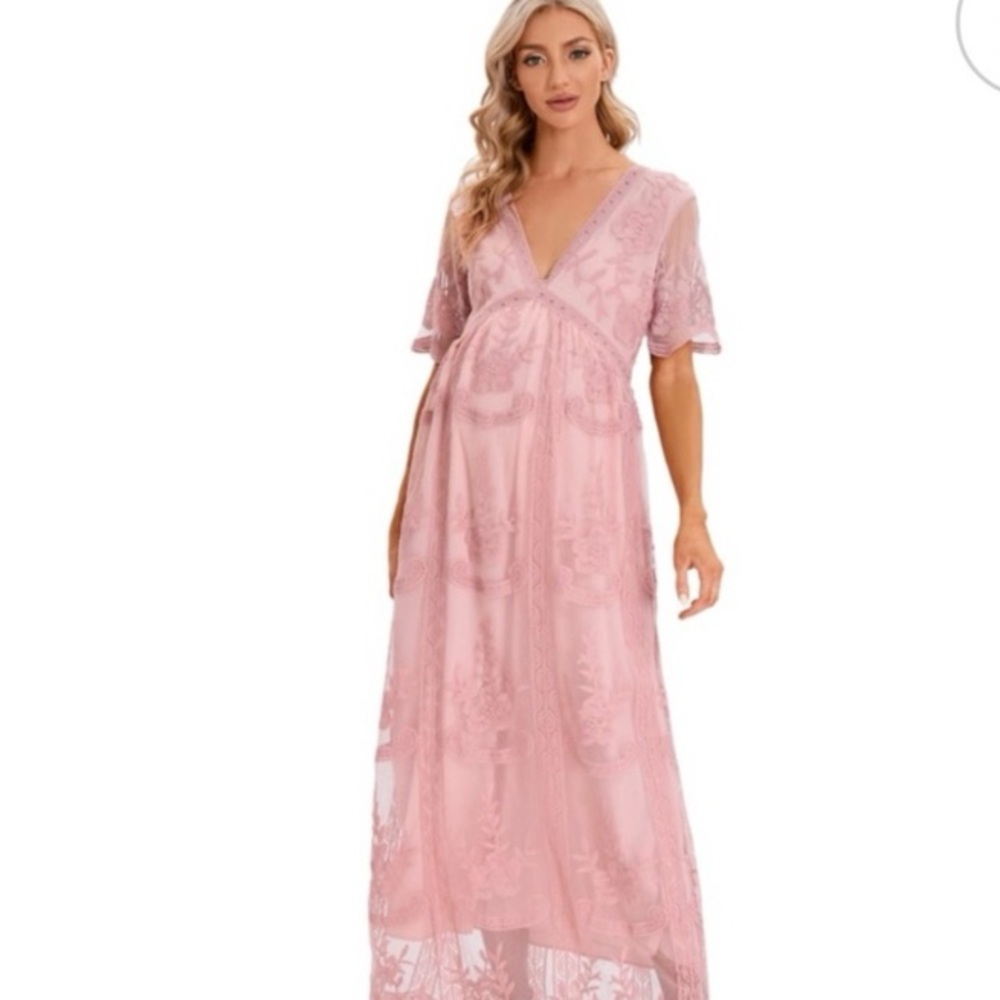 Maternity Pink lace baby shower dress